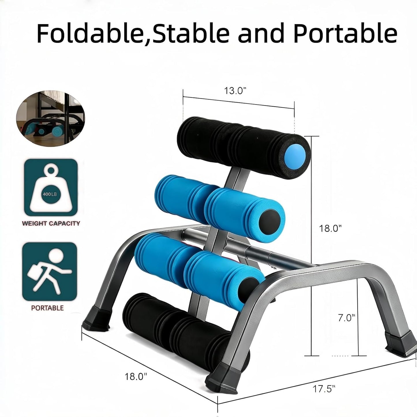 Mini Inversion Table Back with Massage Rollers Stretching Fitness Device | 400LBS Heavy Duty Compact Foldable Spinal Decompression Machine for Household Workout