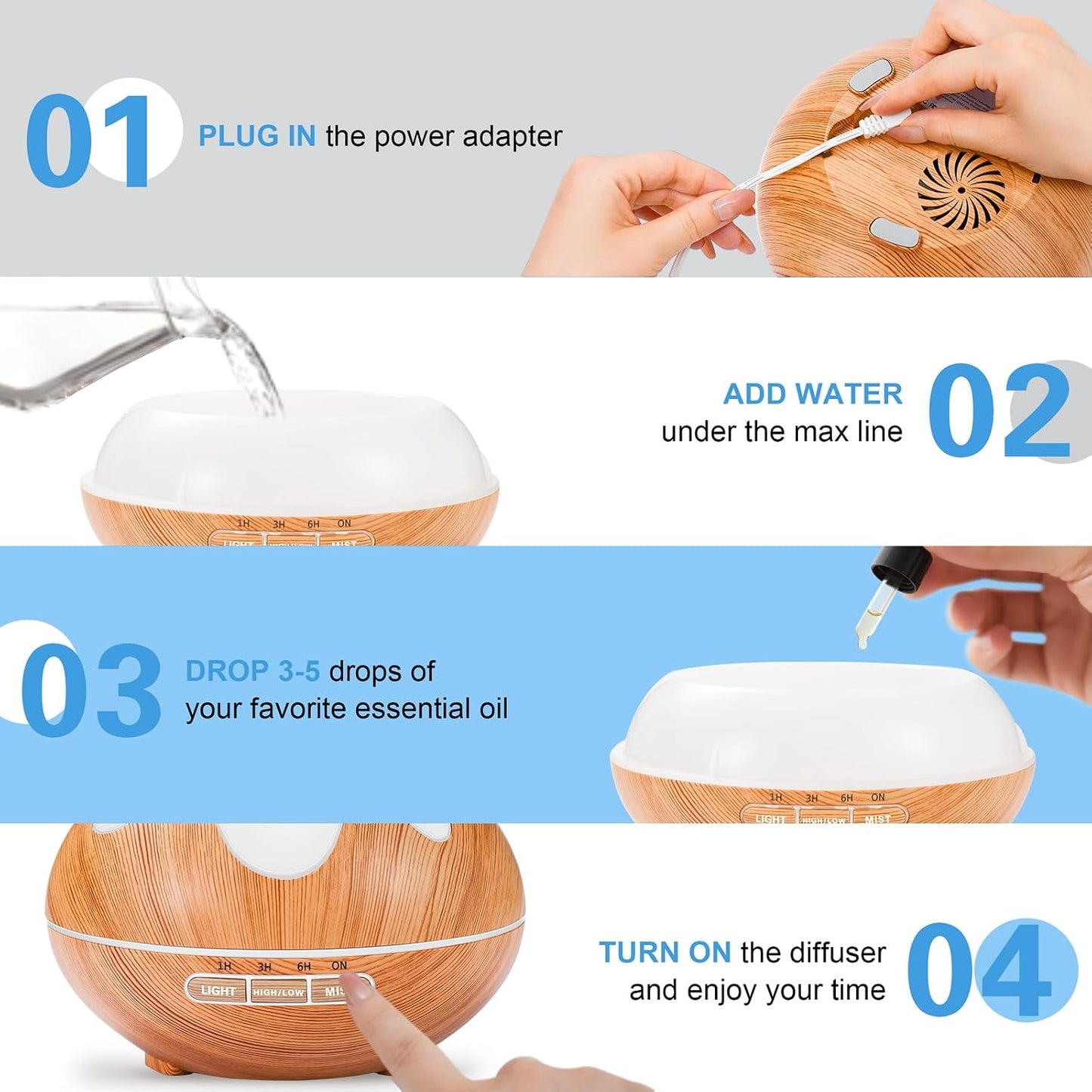 500ML Essential Oil Diffuser, Aromatherapy Diffuser with Remote Control, Multifunctional Air Diffusers for Home Office Room, Fragrance Aroma Diffuser with 7 Color LED & 2 Mist Mode, Brown