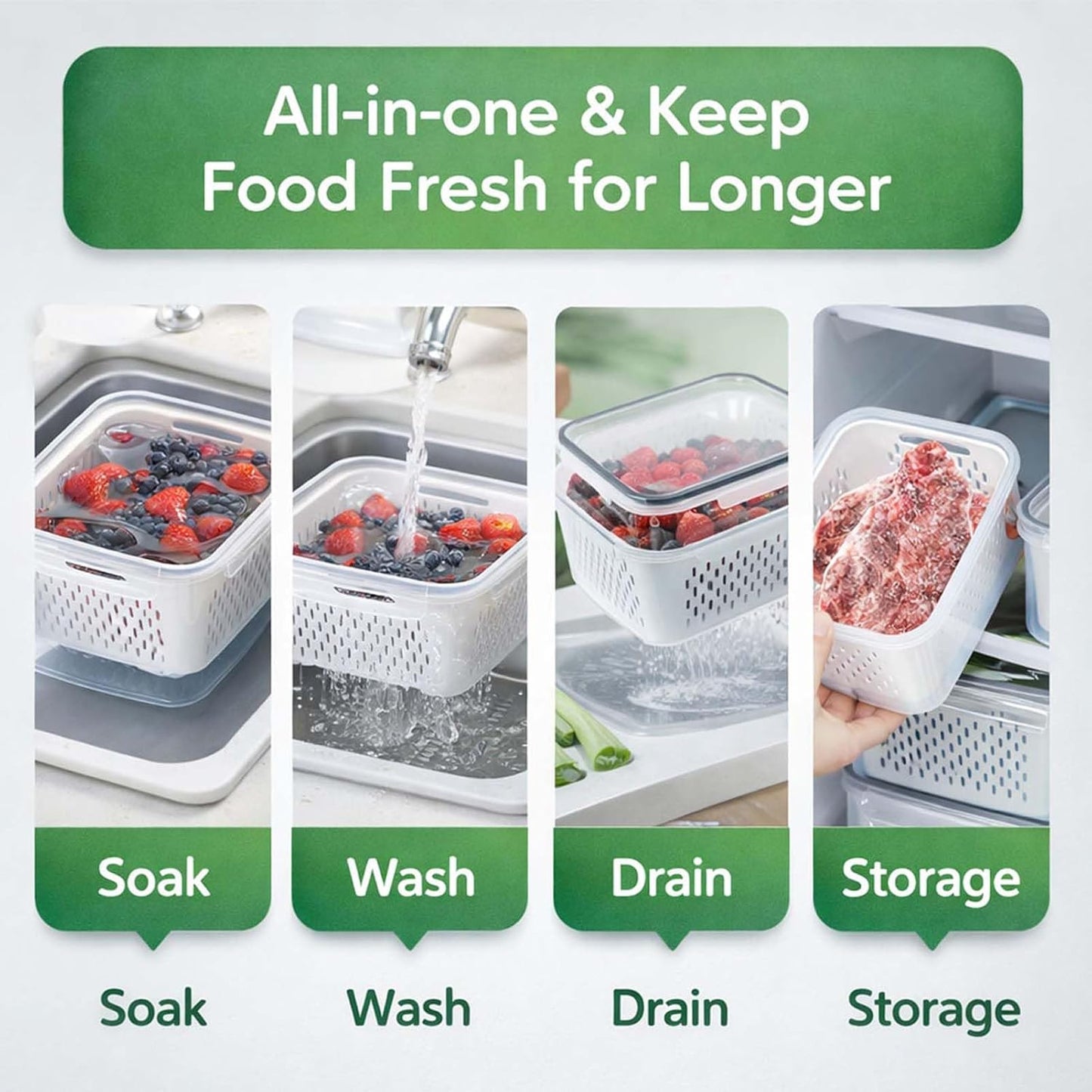 4-in-1 Produce Saver Containers - Fresh Berry Keeper with Removable Colander & Airtight Lid - Stackable Fruit and Vegetable Fridge Organizer Bins - BPA-Free Plastic Food Storage (3pcs)