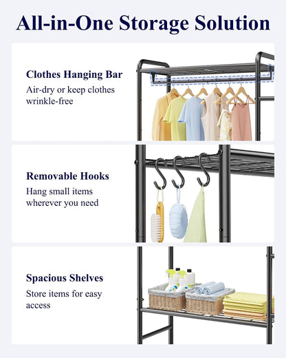 Kitsure Laundry Room Shelves - Multi-Functional Over Washer and Dryer Shelves with Hanging Bar & Removable Hooks, Space-Saving Organizer for Laundry Room, Kitchen, 58.4" W x 13.0" D x 70.9" H, Black