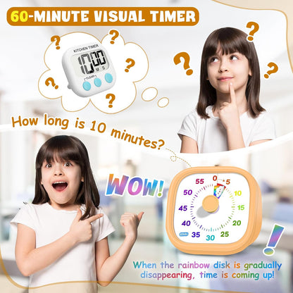 HIPPIH Visual Timer for Kids - 60 Minute Pomodoro Timers for Classroom Kitchen Office, Countdown Kids Timer Clock with Rainbow Disk, Desk Time Management Tool for Toddler with Silent Operation, Blue