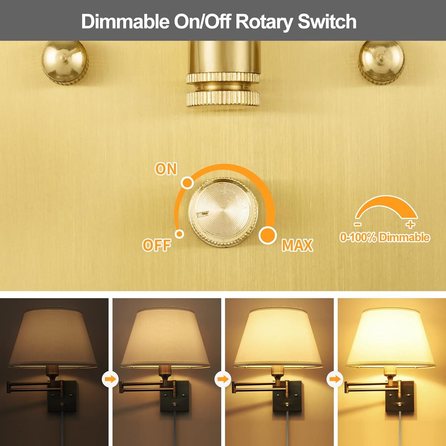 TRLIFE Wall Sconce Plug in, Dimmable Wall Sconces Set of Two Swing Arm Wall Lights with Plug in Cord and On/Off Dimmer Rotary Switch, 9.4" Medium Beige Fabric Shade(2 Pack, 2 Bulbs)
