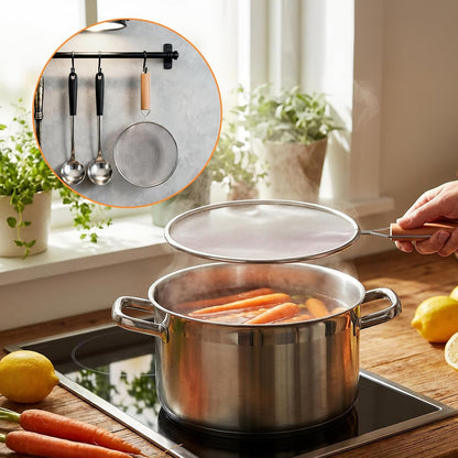 Grease Splatter Screen for Frying Pan - 8Inch Stainless Steel Splatter Guards Mesh with Wood Handle, Pan Cooking Pots Food Strainer, Hot Oil Splash Protector Splatters Screen for Frying Pans