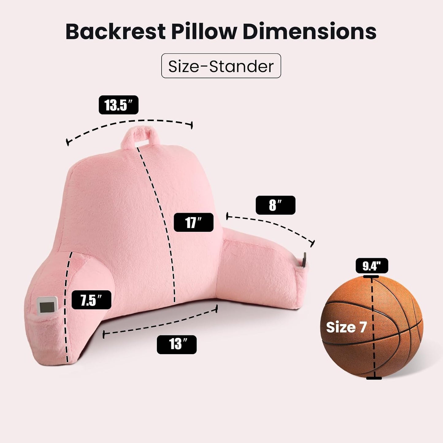 Reading Pillow with Arms for Sitting in Bed,Backrest,White Flannel,M | 17" Backrest Supports Back for College Students,Elbows & Forearms for Dorm Reading,Gaming,Watching TV