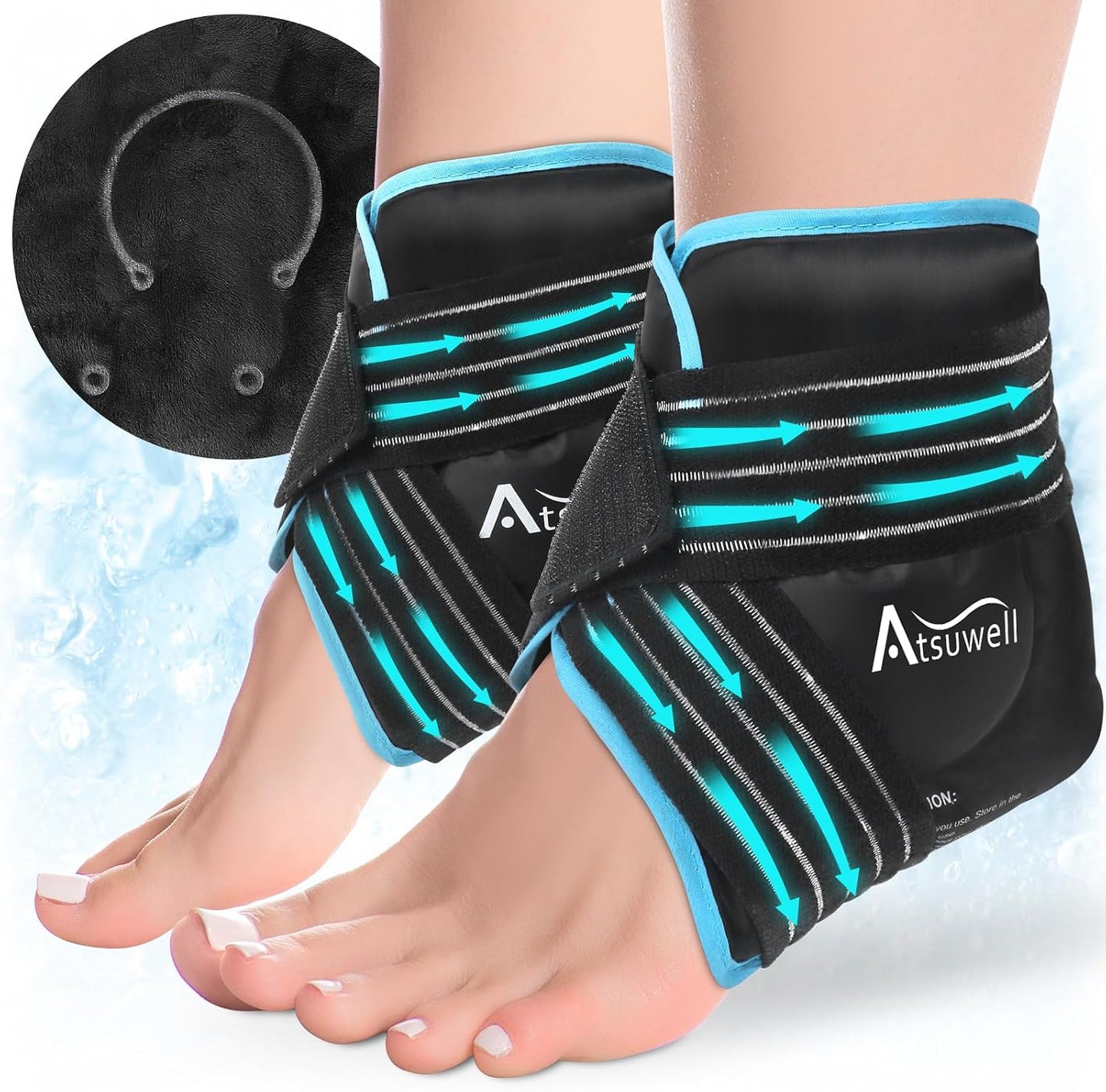 Atsuwell Ankle Ice Pack Wrap 2 Packs for Swelling & Spraine Relief, Black | Ease Plantar Fasciitis & Achilles tendonitis, Flexible Gel Wrap, Soft Plush Inner, Hands-Free Strap for Post-Surgery Recovery