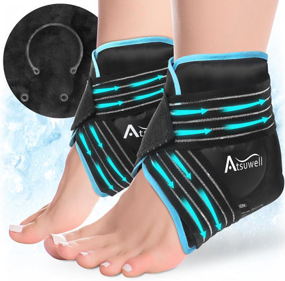 Atsuwell Ankle Ice Pack Wrap 2 Packs for Swelling & Spraine Relief, Black | Ease Plantar Fasciitis & Achilles tendonitis, Flexible Gel Wrap, Soft Plush Inner, Hands-Free Strap for Post-Surgery Recovery