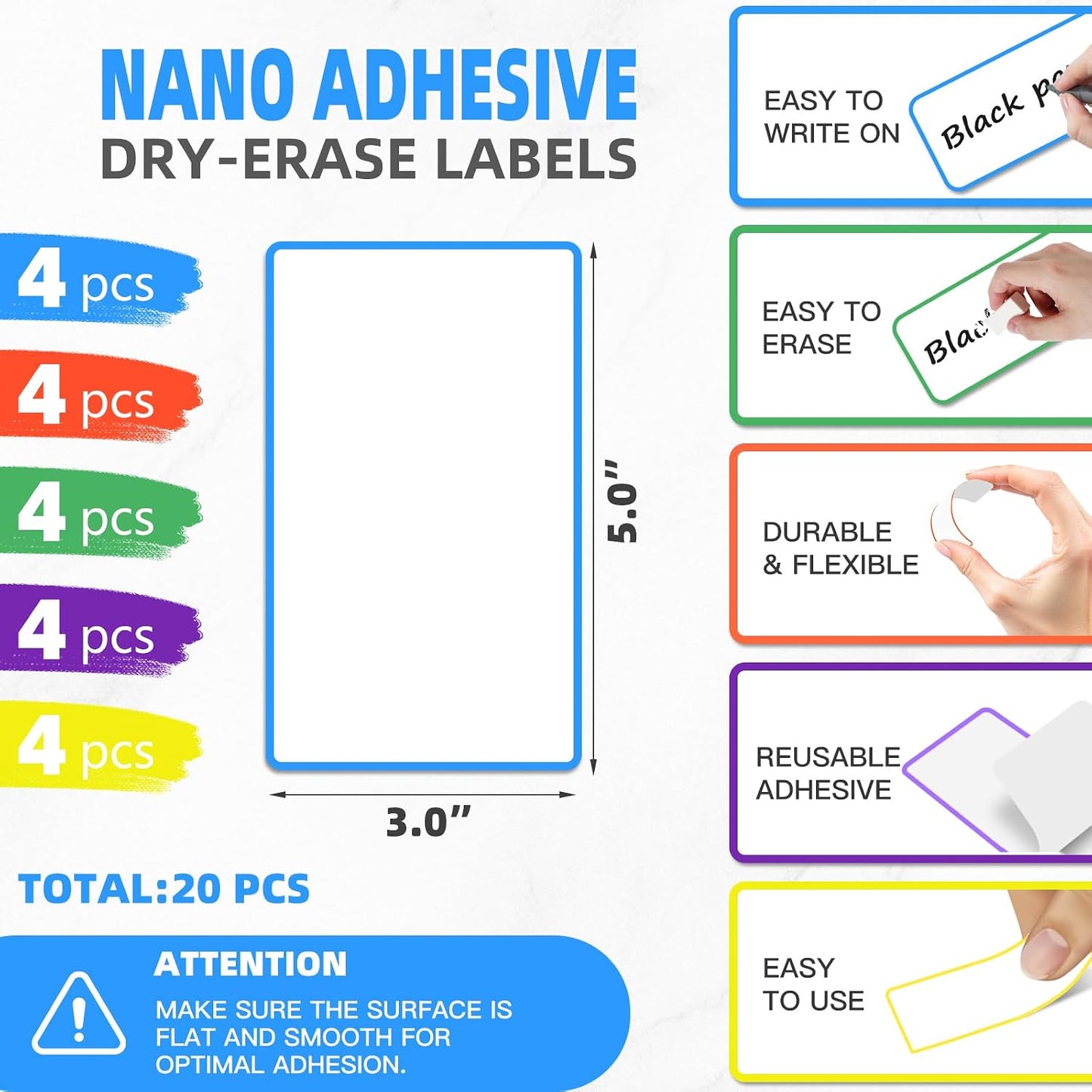 Dry Erase Labels Stickers, 3x5 Inch Reusable Notes for Storage Bins, 20 Pcs | Reusable dry erase labels with removable adhesive for home, office and classroom organization