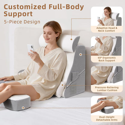 Foldable Reading Pillow for Sitting in Bed Adult, White/Grey, 19"