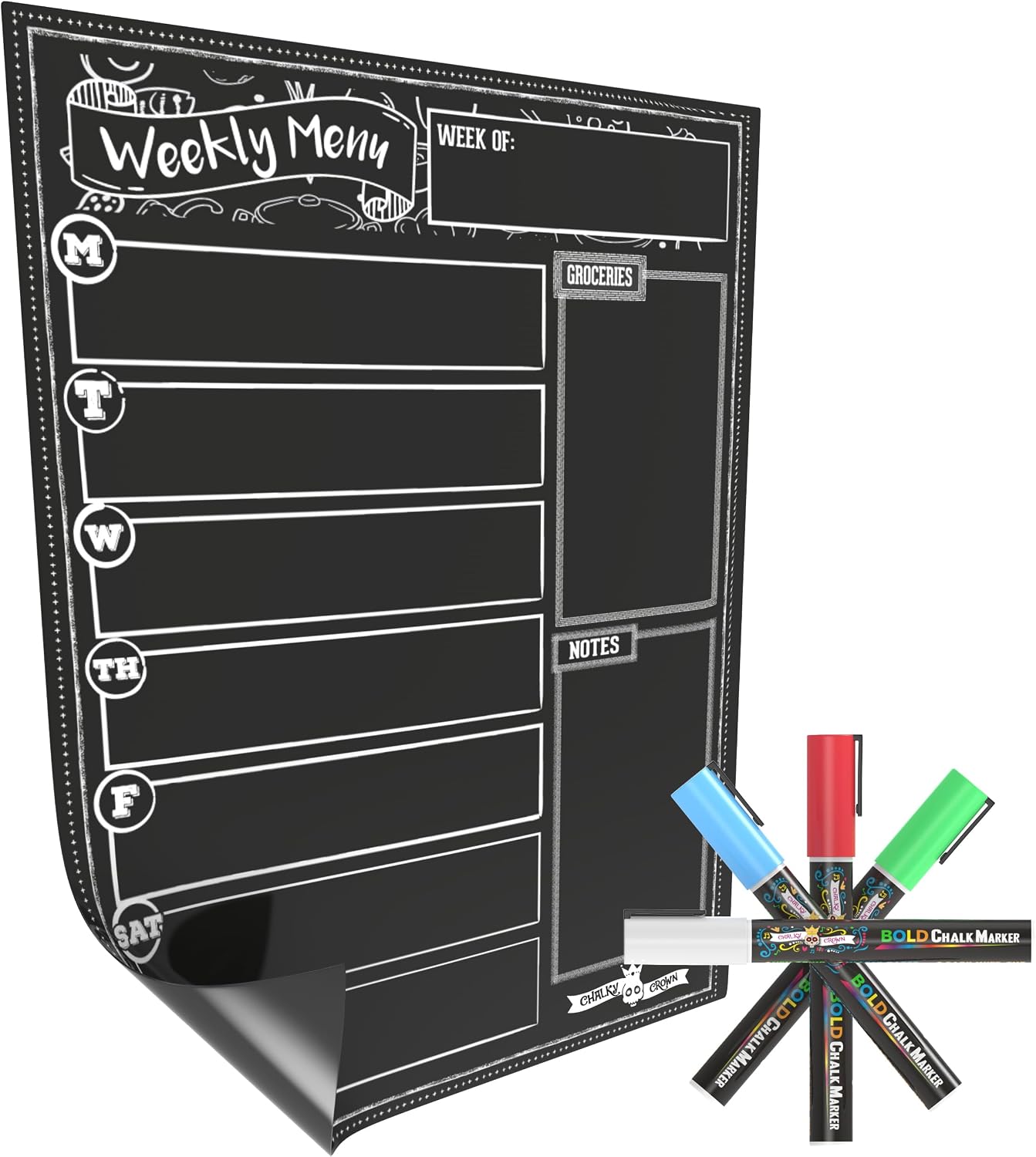 CHALKY CROWN Magnetic Dry Erase Menu Board - Black - 15.6" x 11.6" | Magnetic Weekly Meal Planner & Grocery List for Fridge - Includes 4 Liquid Chalk Markers - Easy to Write & Wipe Clean Design