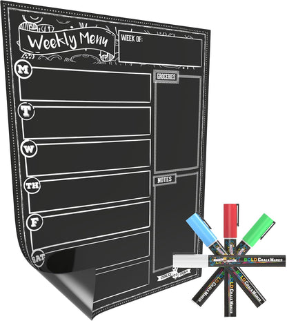 CHALKY CROWN Magnetic Dry Erase Menu Board - Black - 15.6" x 11.6" | Magnetic Weekly Meal Planner & Grocery List for Fridge - Includes 4 Liquid Chalk Markers - Easy to Write & Wipe Clean Design