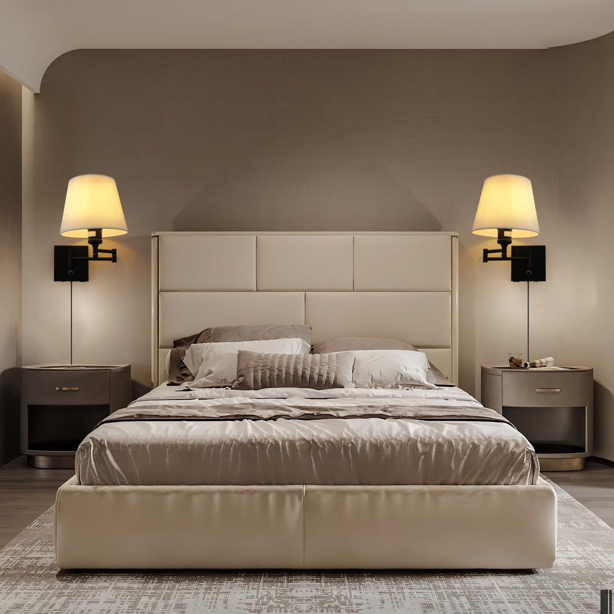 Bedside Wall Mount Light with Dimmable Switch and Outlet, Swing Arm Fabric Shade Wall Sconce Light with USB Port and Plug in Cord, Black Wall Lamp for Bedroom, Living Room and Hotel