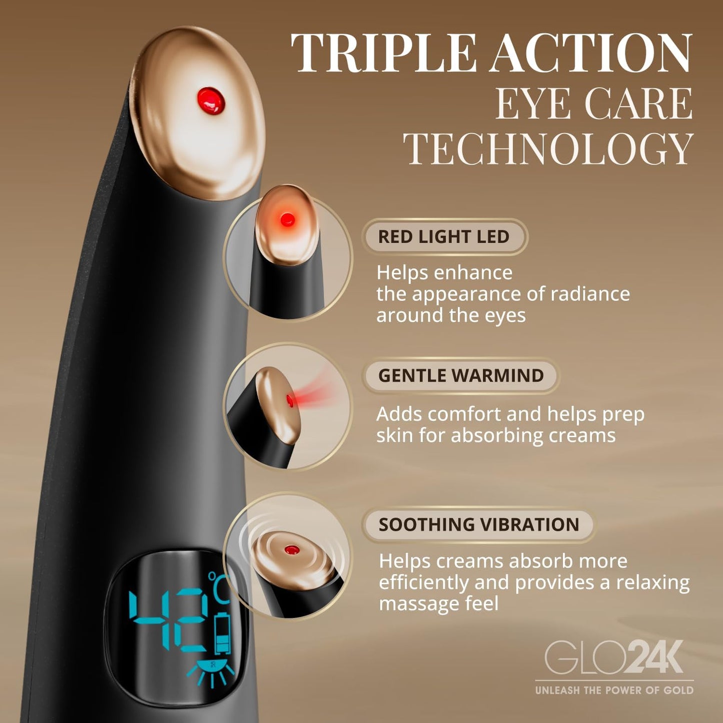 GLO24K Heated Eye Wand & Eye Massager Tool - Gentle Warmth & Vibration for Smoother-Looking Skin, Refreshing Under-Eyes Massage, Portable Beauty Device