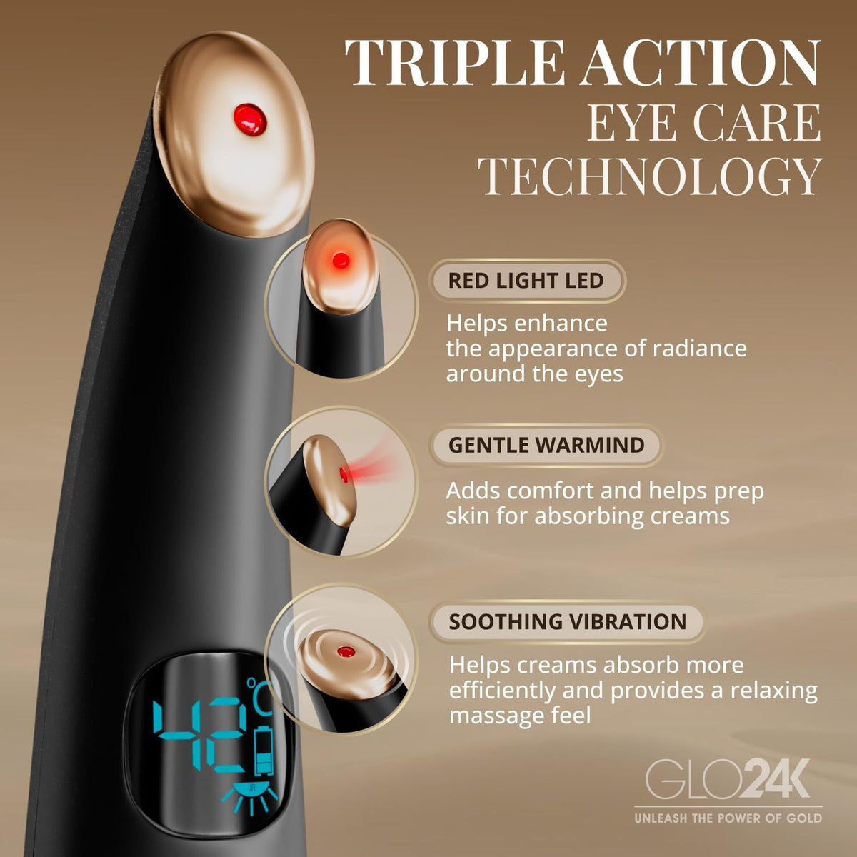GLO24K Heated Eye Massager Wand with Vibration for Under-Eye Care
