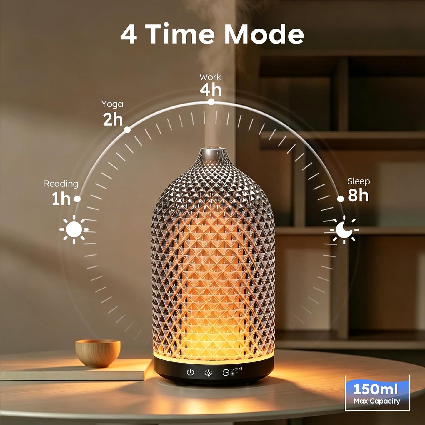 Essential Oil Diffuser 150ml, Glass Diffuser with Ultrasonic Small Humidifier, 7 Color Lights, 1/2/4H Timer, Quiet Auto Shut-Off Oil Diffuser for Bedroom, Home, Office (Silvery)