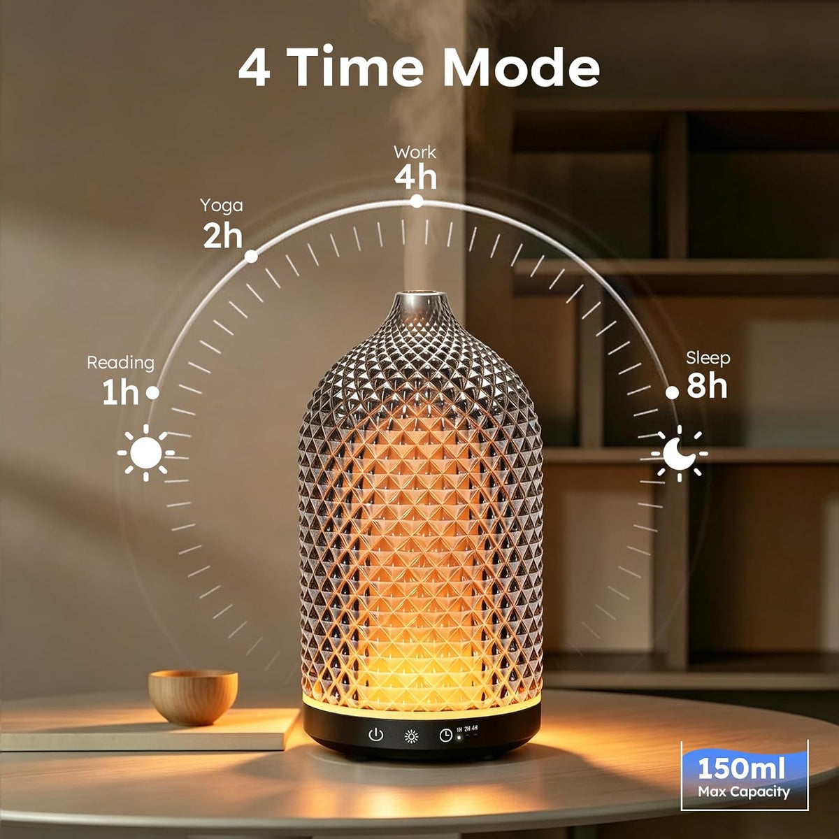 150ML Glass Essential Oil Diffuser, Ultrasonic Aromatherapy Diffuser with 7-Color LED Lights, 1/2/4H Timer, Quiet Cool Mist and Waterless Auto Shut-Off for Bedroom, Home, Office (Silver)