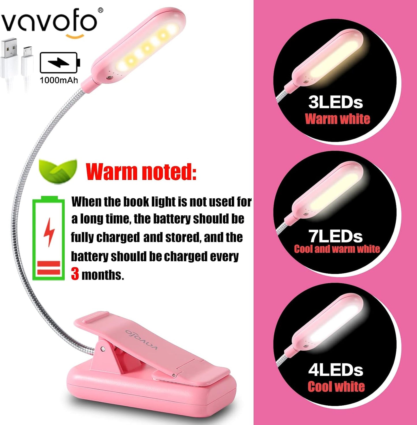 VAVOFO Rechargeable Book Light for Reading in Bed Kids, 7 LED Reading Light with 9-Level Warm Cool White Daylight, Eye Care Lamp with Power Indicator for Bookworms (Yellow)