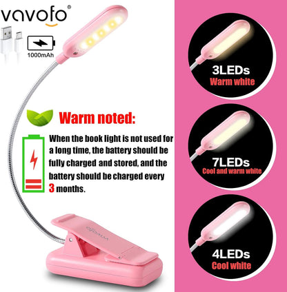 VAVOFO Rechargeable Book Light for Reading in Bed Kids, 7 LED Reading Light with 9-Level Warm Cool White Daylight, Eye Care Lamp with Power Indicator for Bookworms (Yellow)