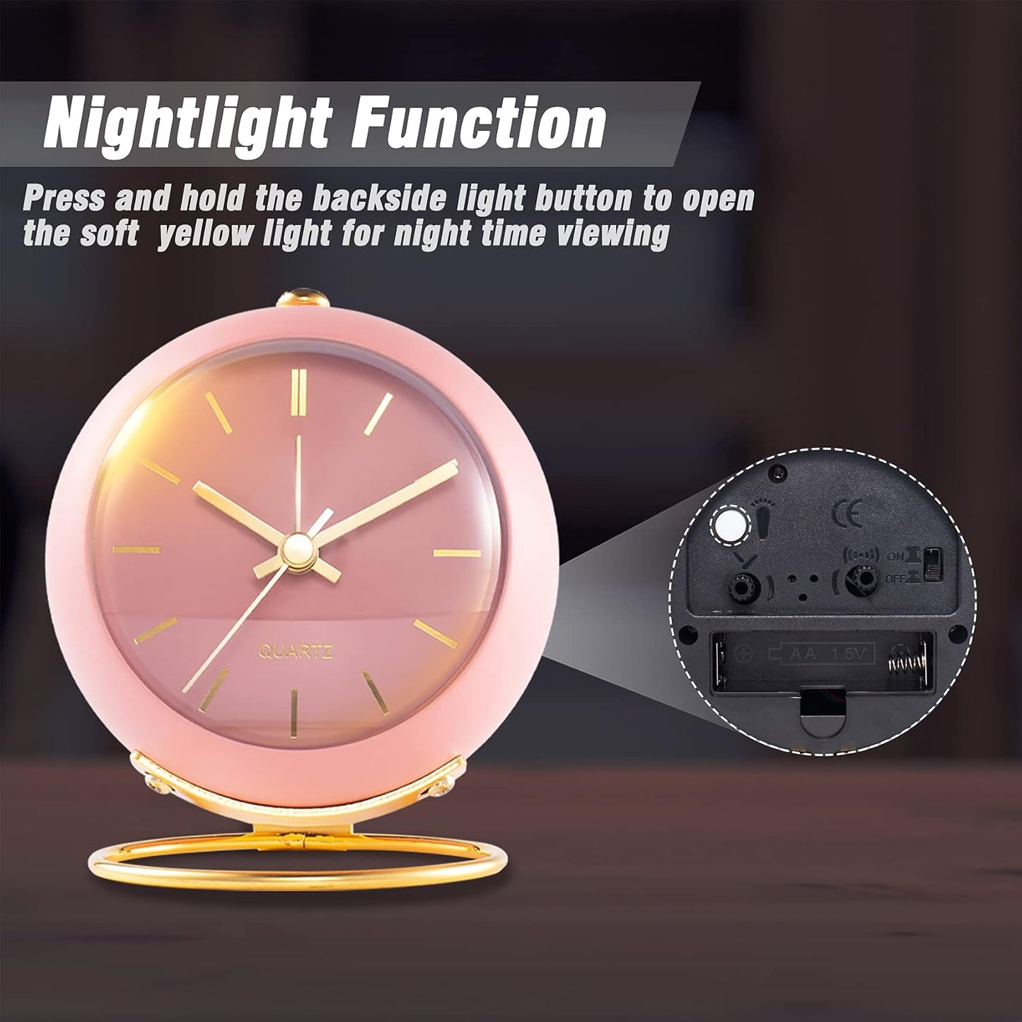 AYRELY® Battery Operated Analog Desk Alarm Clock with Light, Table Clock | Retro Aesthetic Clock with Silent Non-Ticking Movement for Bedside, Bedroom, Kitchen, Office, Travel & Kids' Room(Light Pink)