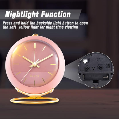 AYRELY® Battery Operated Analog Desk Alarm Clock with Light, Table Clock | Retro Aesthetic Clock with Silent Non-Ticking Movement for Bedside, Bedroom, Kitchen, Office, Travel & Kids' Room(Light Pink)