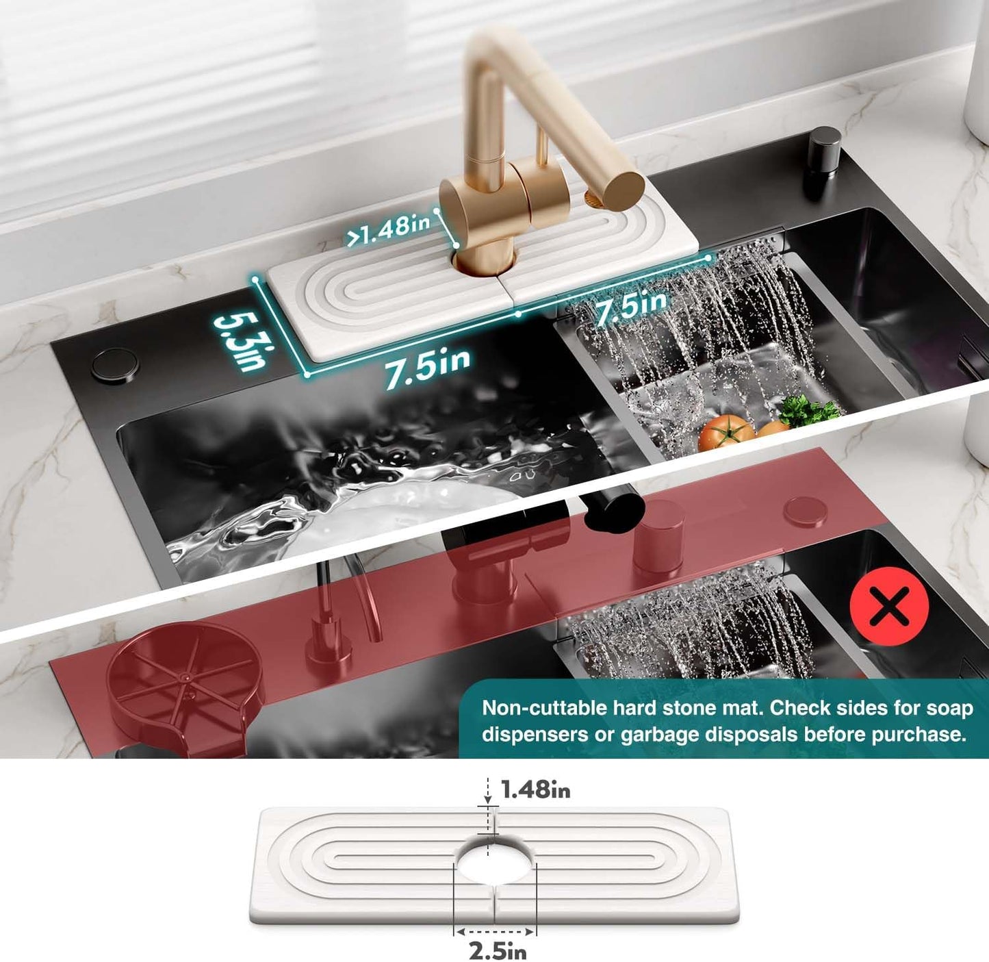 Stone Faucet Mat for Kitchen Sink – Diatomite Drying Stone Mat & Sink Protector, Prevents Moisture – Sink Splash Guard Water-Absorbing Stone Tray for Bathroom Counter (Light Grey, 20" x 3.9")
