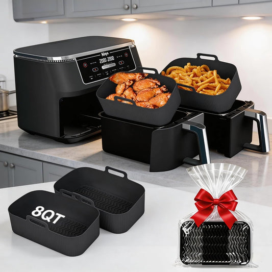 Silicone Air Fryer Liners for Ninja - Reusable DZ201 8QT Dual Basket - Rectangular 2-Pack Vacuum-Packed Easy-Clean Dishwasher-Safe Food-Safe for Home Chefs - Housewarming Gifts