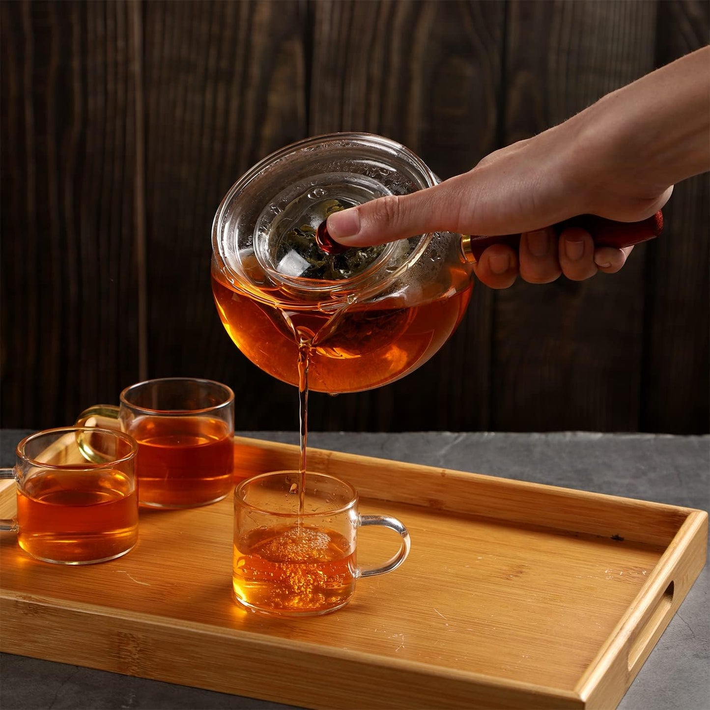 WHJY Glass Teapot with Infuser for Loose Tea, Small Clear Magic Tea Kettle for Stove Top, Clear Japanese Tea Kettle with Wooden Handle Kyusu Teapot - 17oz