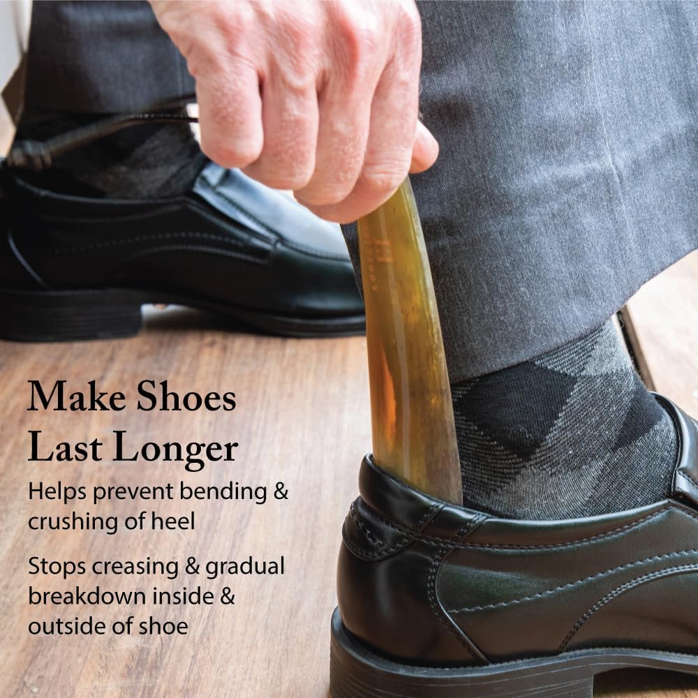 FootFitter Natural Bull Horn Shoe Horn with Leather Loop Handle | Solid Horn Structure with Leather Loop for Firm Heel Support, Quick Slip‑On Access, Everyday Reliability, Ethically Crafted