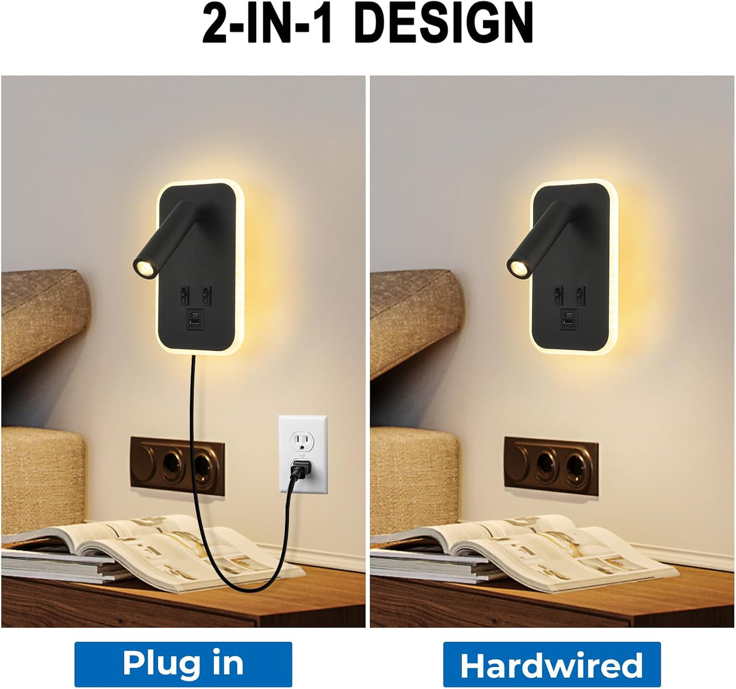 Wall Sconce Plug in with Wall Mounted Reading Lights,Modern Wall Lamp for Bedroom with Charging Station USB C+A Ports,Headboard Bedside Lamps with 3W+9W Night Light,3 Color Temperature