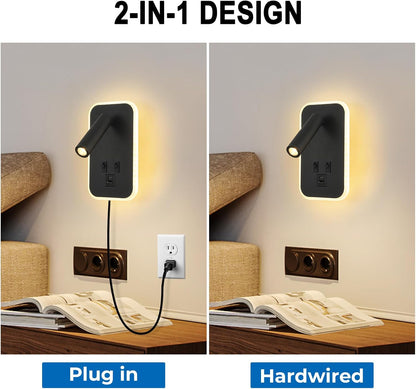 Wall Sconce Plug in with Wall Mounted Reading Lights,Modern Wall Lamp for Bedroom with Charging Station USB C+A Ports,Headboard Bedside Lamps with 3W+9W Night Light,3 Color Temperature