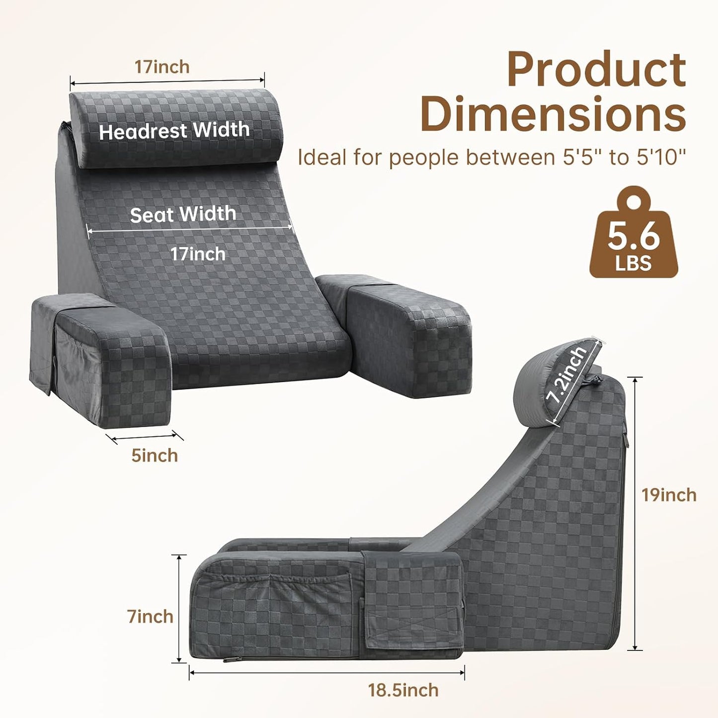 Vekkia 19'' Reading Pillow for Adults with XL Side Pockets, Adjustable Arms | 45° Back Support Chair for Sitting in Bed, Washable Cover, Perfect for Gaming, Watching TV, Relaxing, or Recovery, Gift Idea