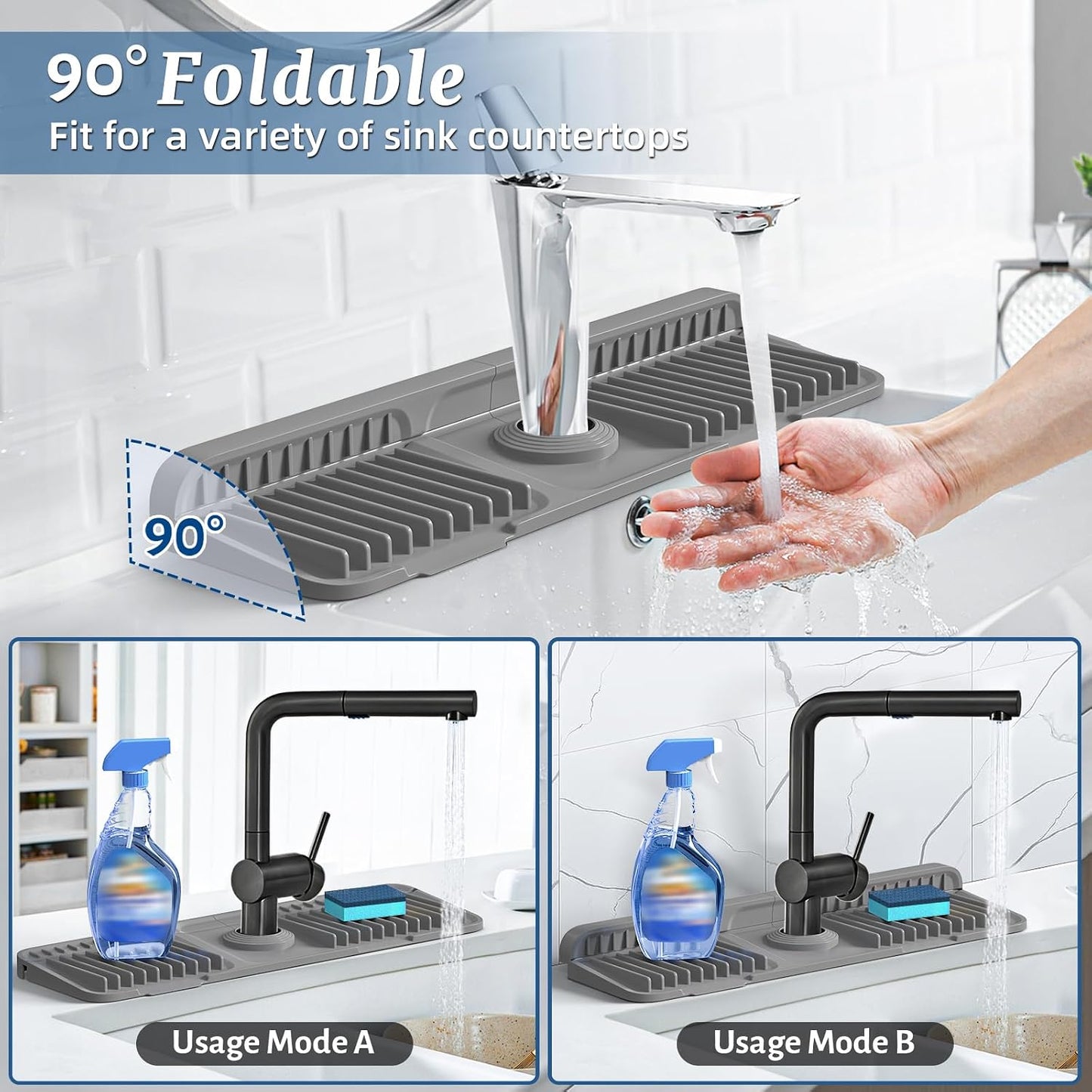 PoYang 24 Inch Faucet Mat for Kitchen Sink Splash Guard, Silicone, Black | Sink Protectors with 7° Slope for Smooth Drainage, Snap Button Holds It in Place, 90° Foldable & Cuttable Hole Fit Most Sinks