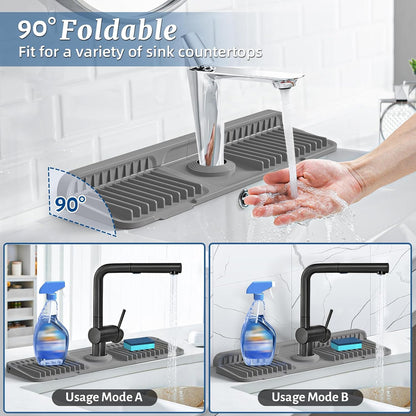 PoYang 24 Inch Faucet Mat for Kitchen Sink Splash Guard, Silicone, Black | Sink Protectors with 7° Slope for Smooth Drainage, Snap Button Holds It in Place, 90° Foldable & Cuttable Hole Fit Most Sinks