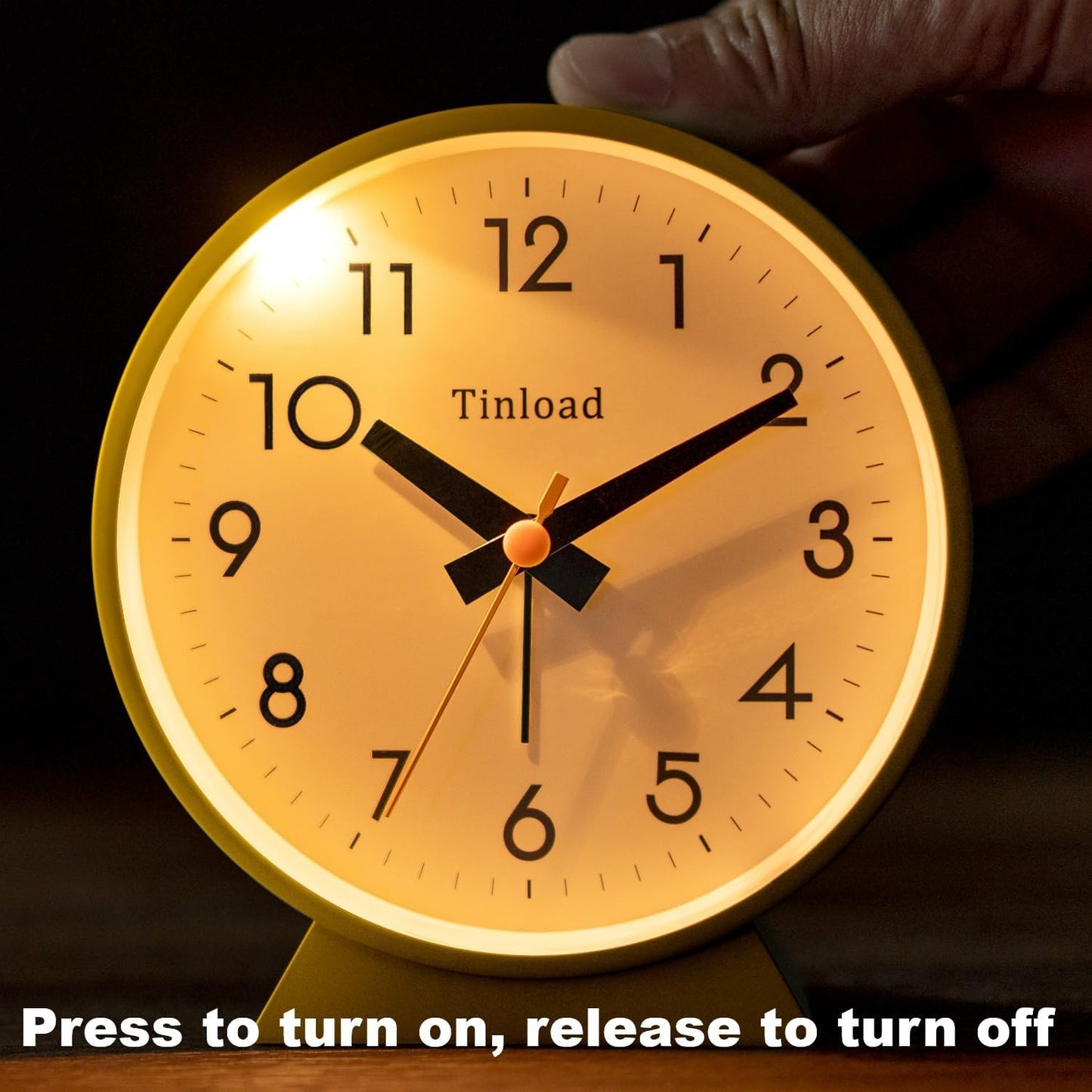 Tinload 4.5" Battery Operated Analog Alarm Clock, Small Silent Bedside Desk Clock with Night Light, Blue