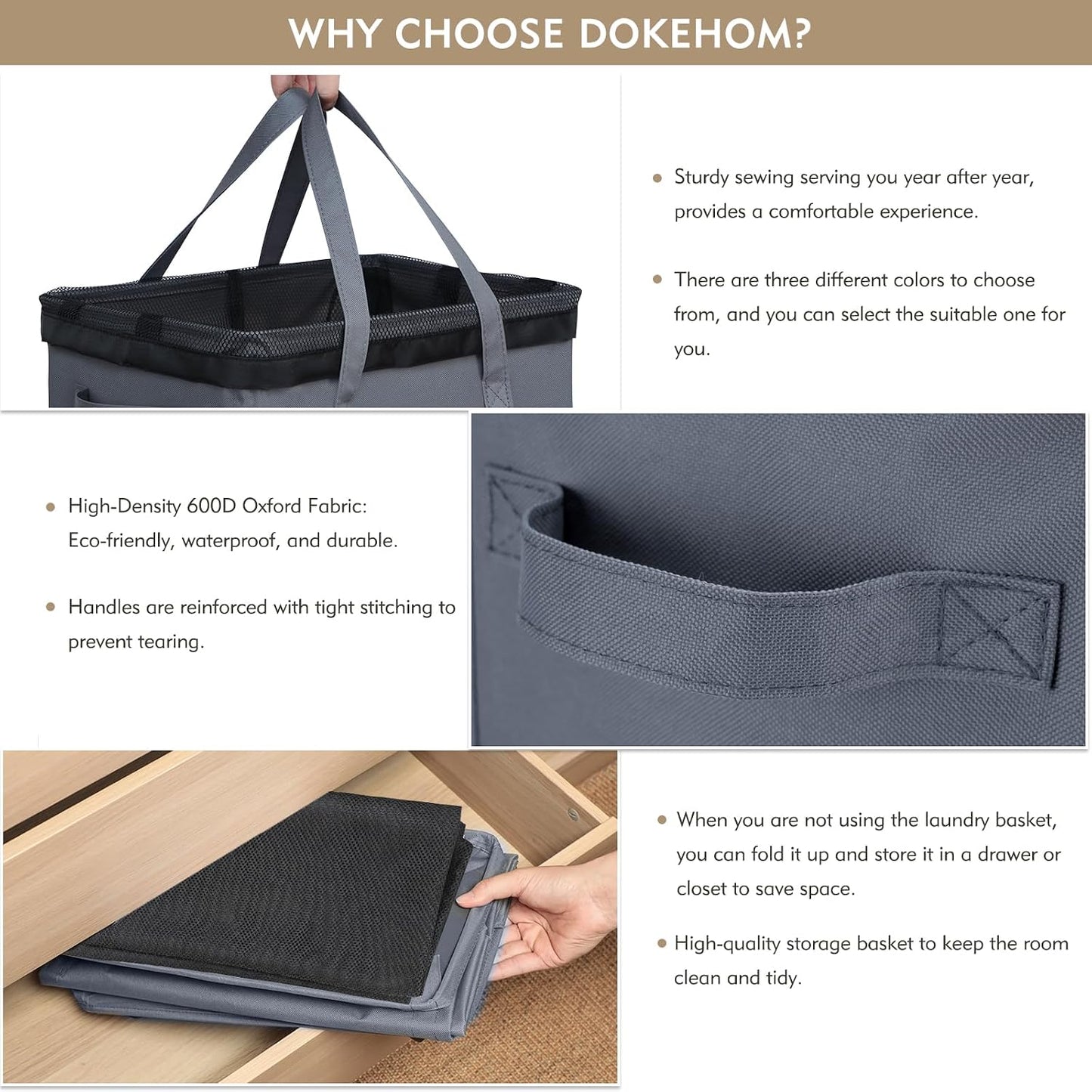 DOKEHOM 25" Slim Rolling Laundry Basket Hamper, Narrow on Wheels, Grey | Collapsible narrow laundry hamper with mesh drawstring closure. Foldable corner clothes storage bin for small spaces