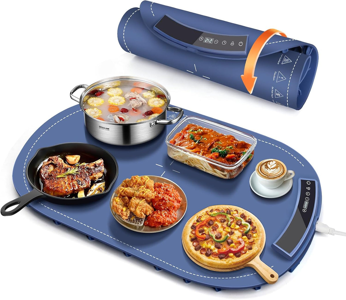 Food Warming Mats for Countertop - Warming Trays for Buffets Party, Silicone Electric Warmer with 7 Level Temp Adjustable / 4H Auto Timer, Hot Fast in 8s, Roll Up Heating Pad for Home Travel (Blue)