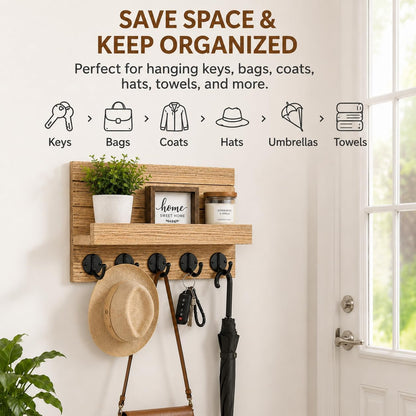 Key Holder for Wall, Decorative Key and Mail Holder, Key Holder Wall Mount with Shelf and Large Hooks, Easy Installation Key Rack for Entryway and Home Decor