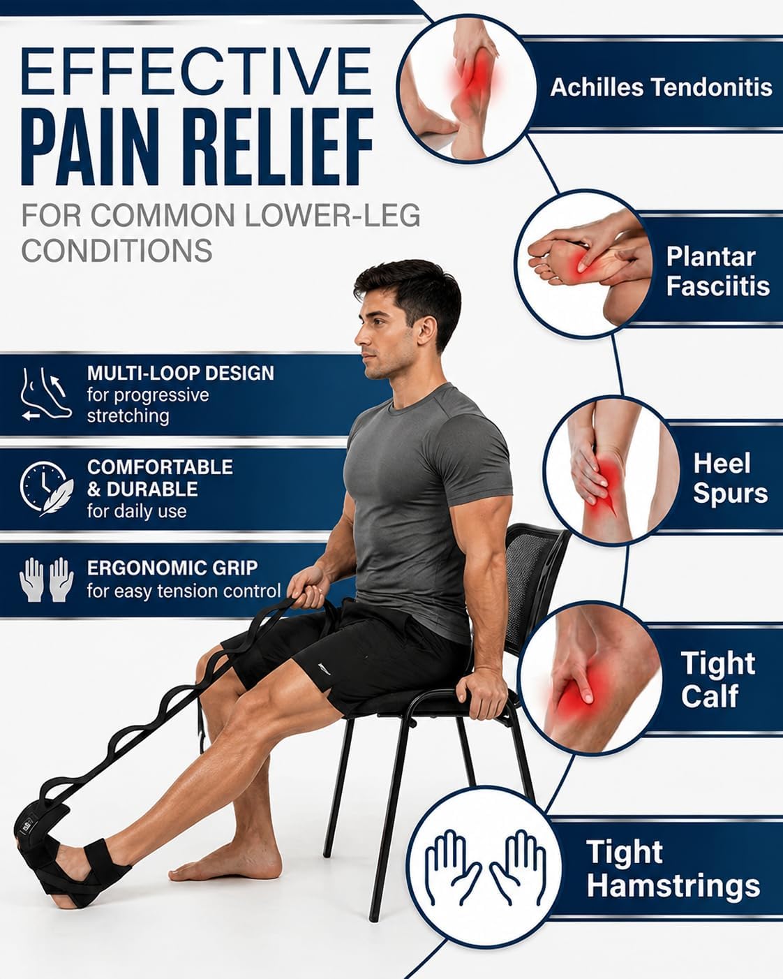 Plantar Fasciitis Stretch Strap with Foot Loop, Calf Stretcher for Achilles Tendon & Foot Pain Relief, Physical Therapy Stretching Band for Flexibility, Recovery and Rehabilitation