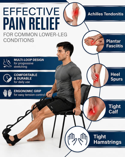 Plantar Fasciitis Stretch Strap with Foot Loop, Calf Stretcher for Achilles Tendon & Foot Pain Relief, Physical Therapy Stretching Band for Flexibility, Recovery and Rehabilitation