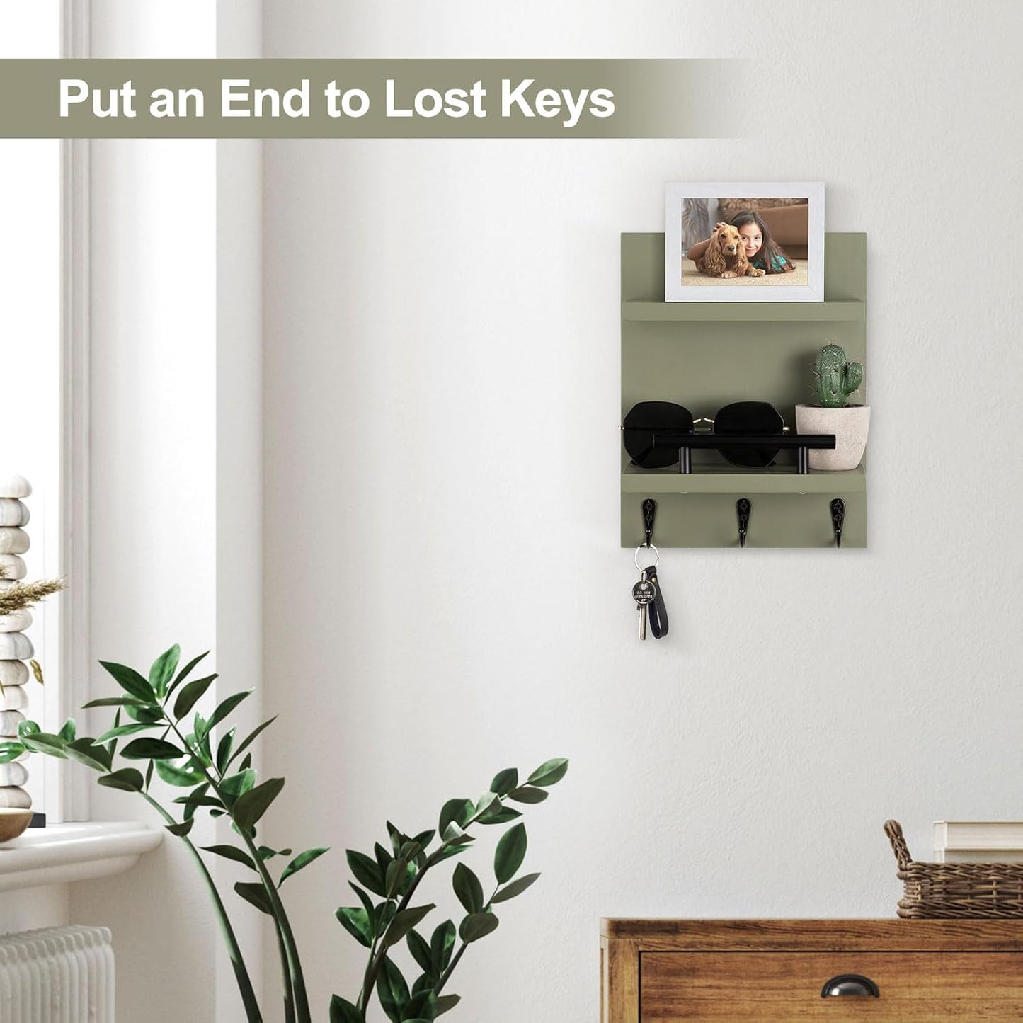 Key Holder Wall Mount, Mail Shelf Decor with 3 Key Hooks, Versatile Wood Wall Organizer for Entryway Hallway (8.2” x 10.6”x 3.6”) (White) | Farmhouse Key Hanger Holds Dog Leash, Sunglasses – Decorative Mail Organizer Home Decor