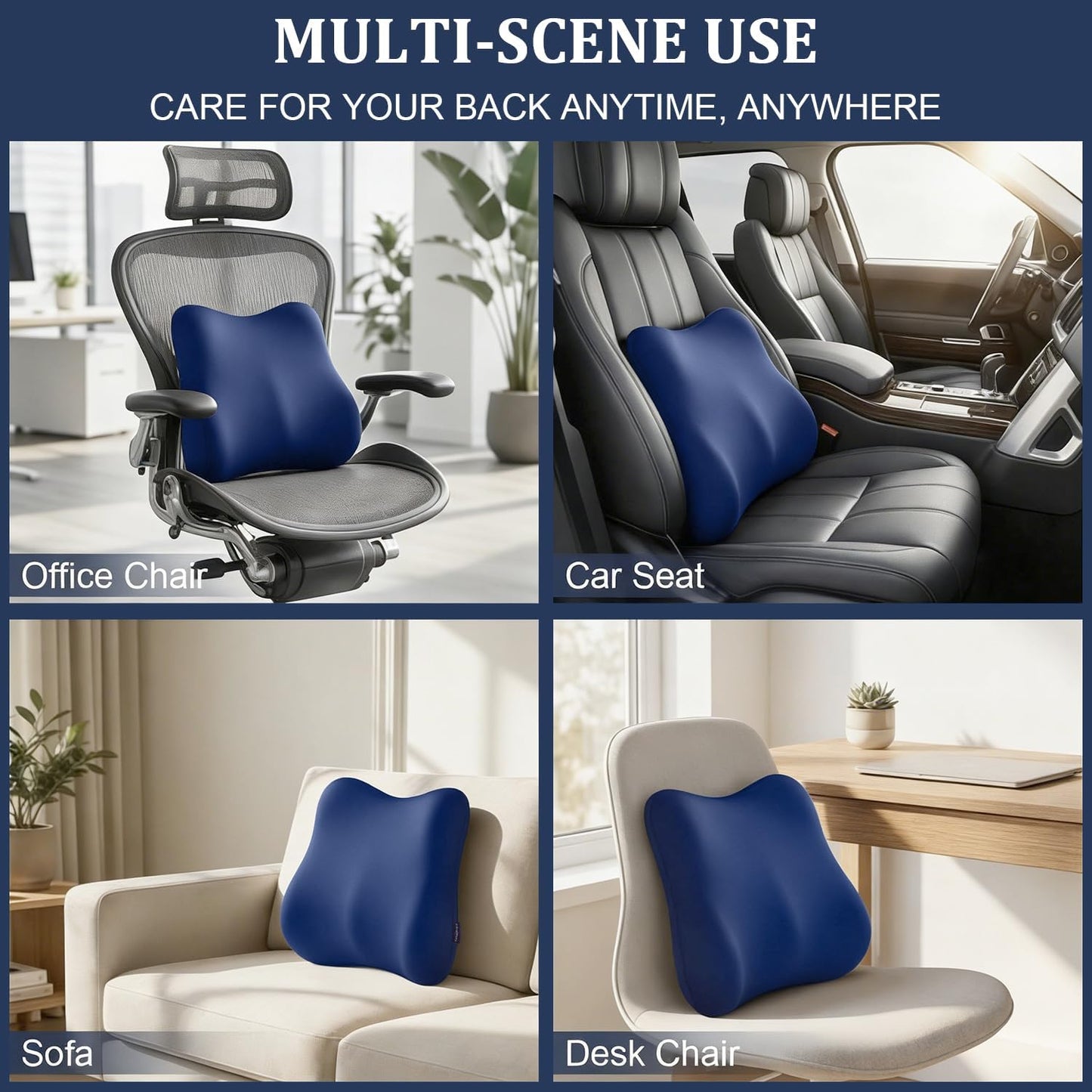 Lumbar Support Pillow for Office Chair Memory Foam Lumbar Cushion with Removable Cover Soft Back Support Pillow Suitable for Car, Couch, Gaming, Dark Blue