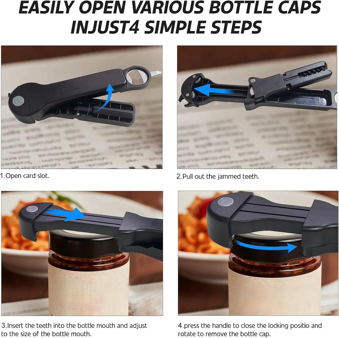 Jar Opener for Seniors with Arthritis, 7 in 1 Bottle Opener and Wine Corkscrew, Easy Grip Kitchen Gadget for Weak Hands Elderly, Retractable Jaw Lid Opener with Magnetic Storage (Teal)