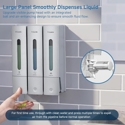 Shampoo Dispenser for Shower - Shower Soap Dispenser Wall Mounted No Drill - Shampoo Body Wash Dispenser 2 Chamber - Easy Install for Bathroom Hotel Silver 800ml