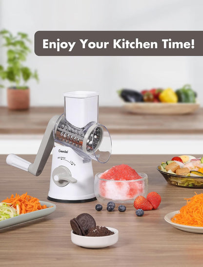 Geedel Rotary Cheese Grater, Kitchen Mandoline Vegetable Slicer with 3 Interchangeable Blades, Easy to Clean Rotary Grater Slicer for Fruit, Vegetables, Nuts | 3 Blades, 430 Stainless Steel, 12x Fast Cutting, Strong Suction Base, No BPA, Dishwasher Safe,