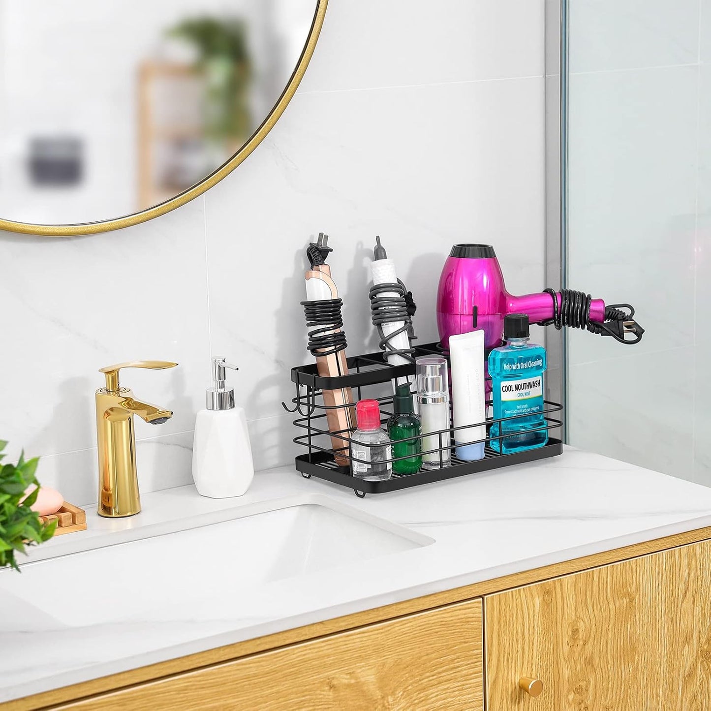 Metal Hair Tool Organizer Wall Mounted, Hair Dryer Holder Basket Storage | Hair Straightener Styling Tools Holder Wall Mount, Bathroom Sink Organizer Countertop for Vanity Makeup Brush, Black