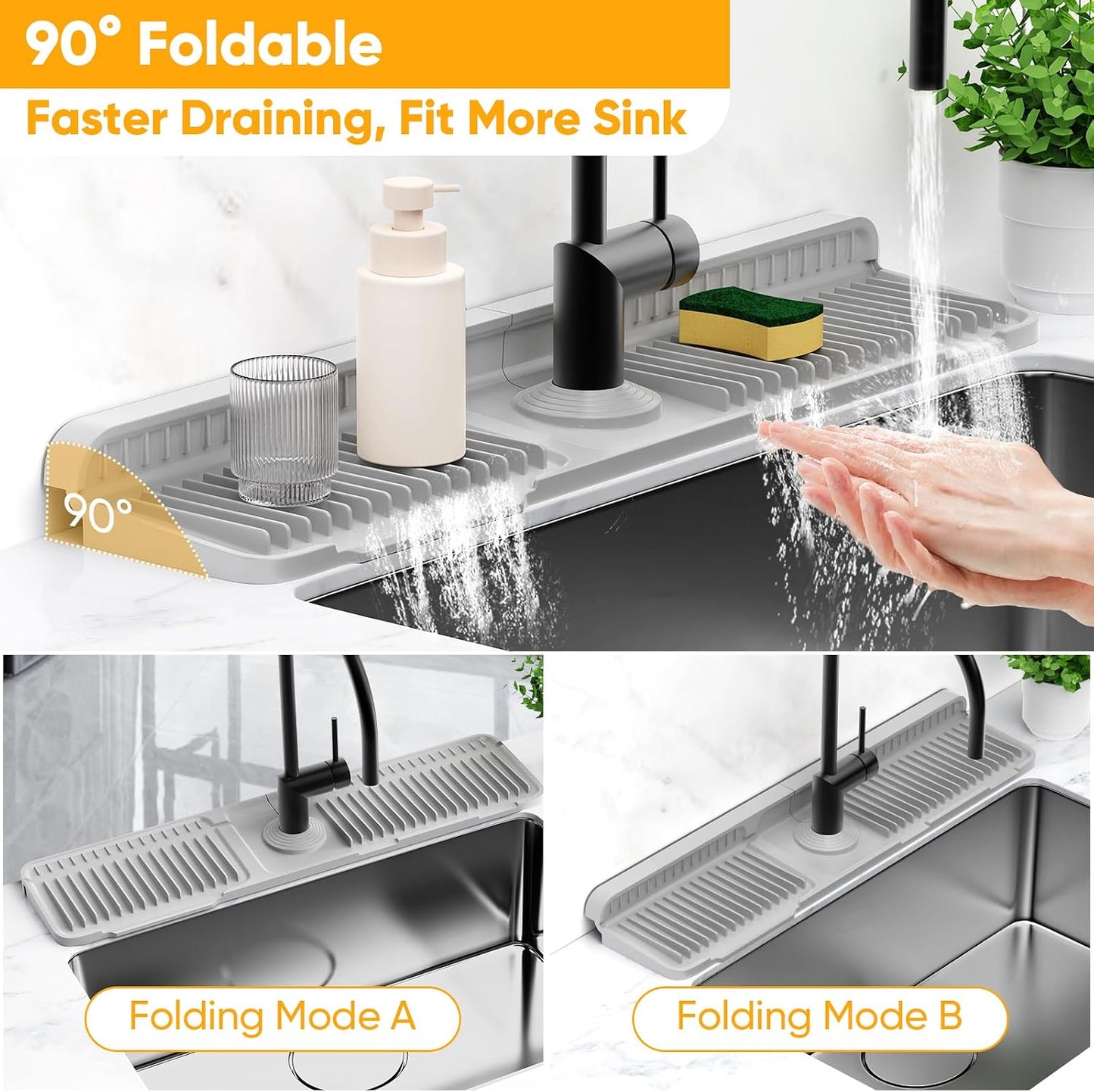24'' Longer Faucet Mat for Kitchen Sink Splash Guard[7° Slope Fast Self-draining][Snap Lock Fit]Kitchen Sink Faucet Mat Splash Guard Kitchen Sink Area Water Splash Guard Behind Faucet Draining Mat