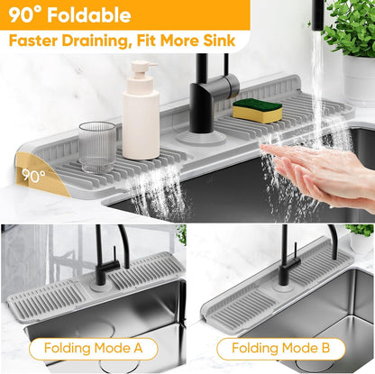 24'' Longer Faucet Mat for Kitchen Sink Splash Guard[7° Slope Fast Self-draining][Snap Lock Fit]Kitchen Sink Faucet Mat Splash Guard Kitchen Sink Area Water Splash Guard Behind Faucet Draining Mat