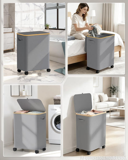 Double Laundry Basket with Wheels and Lid, 150L Clothes Hampers for Laundry | Large Laundry Hamper with 2 Sections & Removable Liner Bags, Rolling Dirty Clothes Basket for Bedroom Bathroom Dorm College
