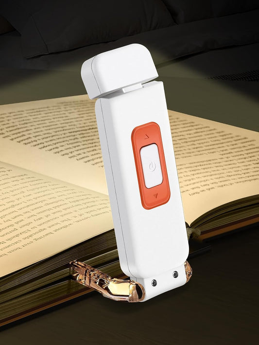 SFV Portable Book Light, Clip-On Rechargeable LED Reading Light for Books in Bed, 3 Amber Colors & 5 Brightness Adjustable, Compact & Long Lasting, Perfect for Book Lovers, White & Orange