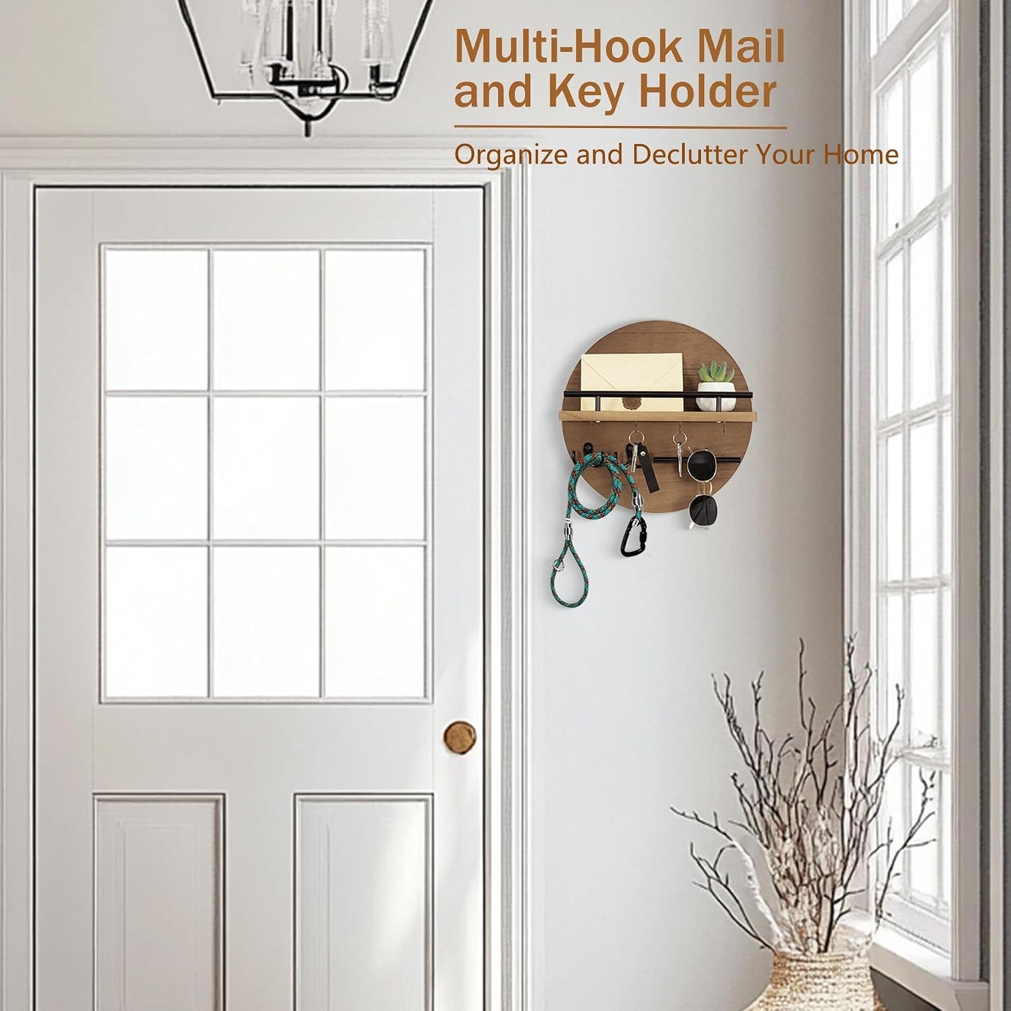 Key Holder for Wall Decorative with Shelf and Hooks, Mail Organizer Wall Mount with Sunglasses Holder, Circular Design Entryway Key Rack Hanger, Rustic Home Decor Boho Wall Decor (White)