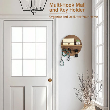 Key Holder for Wall Decorative with Shelf and Hooks, Mail Organizer Wall Mount with Sunglasses Holder, Circular Design Entryway Key Rack Hanger, Rustic Home Decor Boho Wall Decor (White)